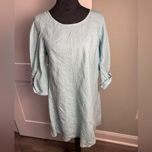 Kleen Light Blue Linen Tunic Dress 3/4 sleeves lagenlook fitted